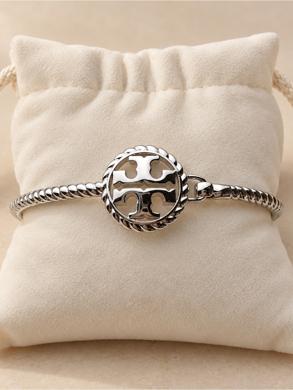 Tory Burch Silver-Tone Rope-Edge Logo Bracelet